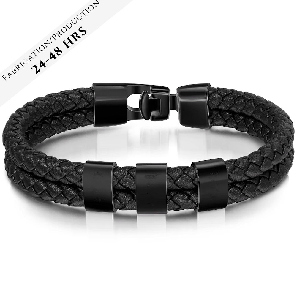 Square leather bracelet black-3 - Origine Gravure